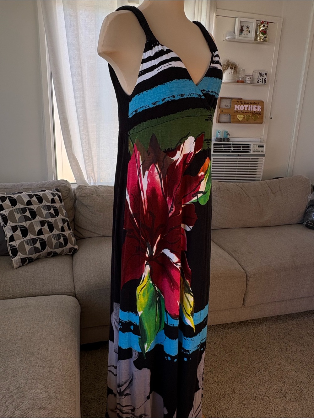 Desigual Beautiful Black Maxi Dress with Bold Red Floral and Blue Accents